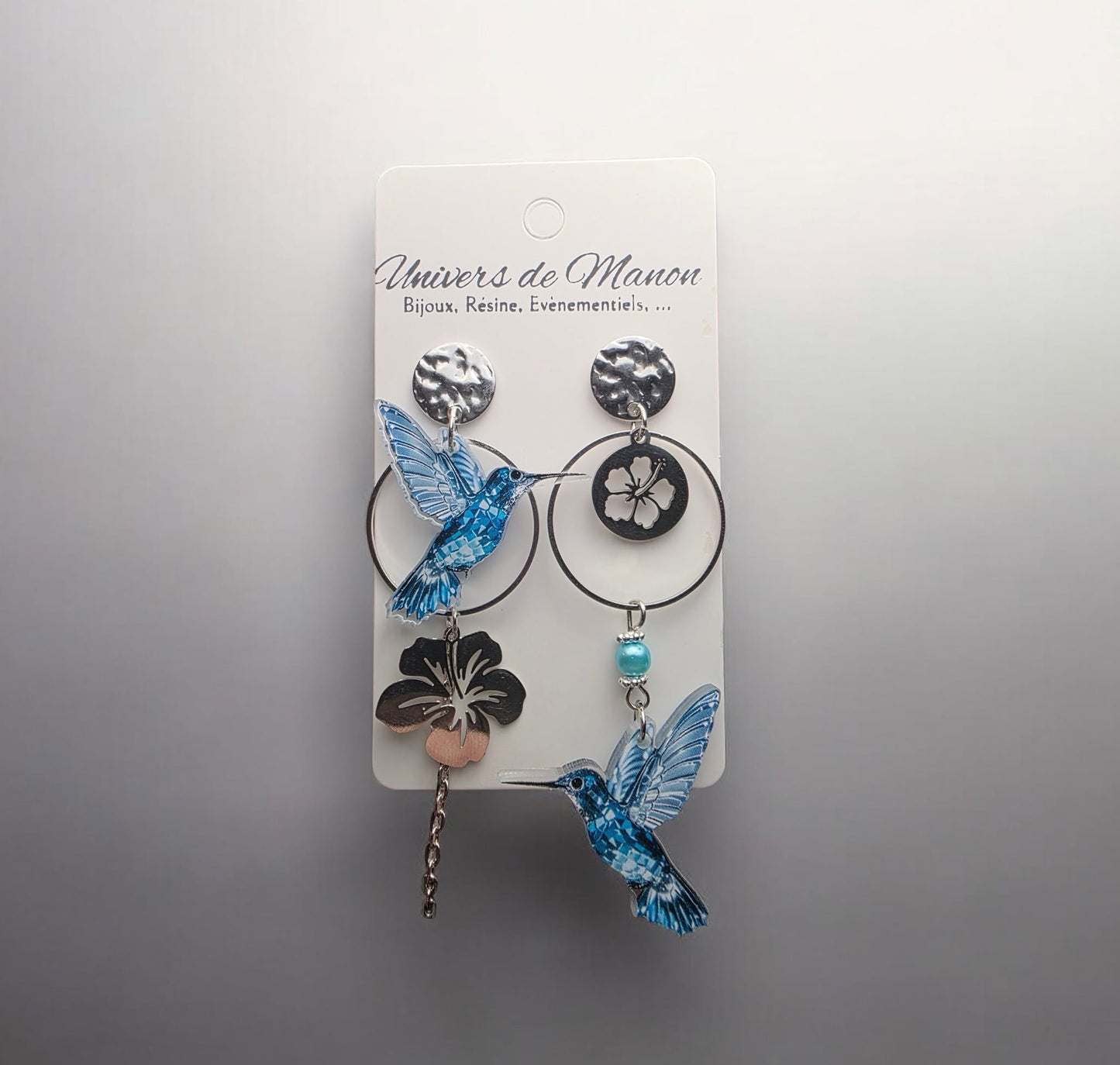 Boucles d’oreilles Colibri Bleu & Fleurs