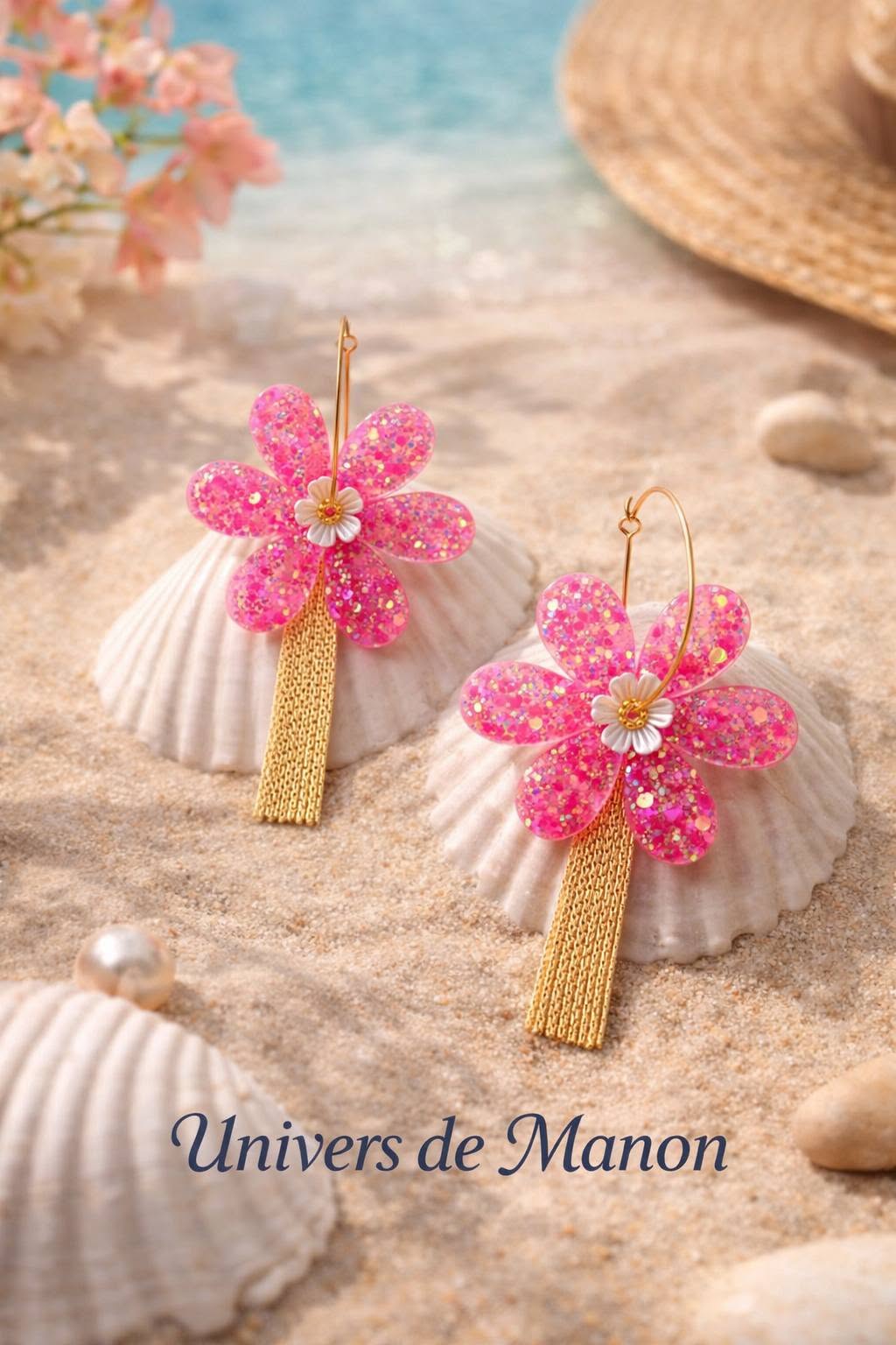Boucles d’oreilles Fleur Rose Pailletée