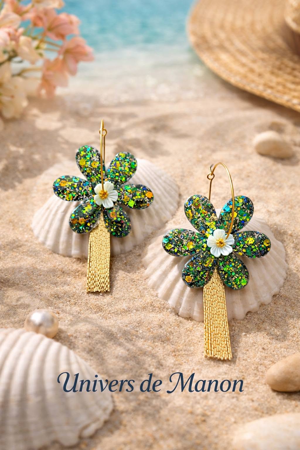 Boucles d’oreilles Fleurs Vertes & Dorées
