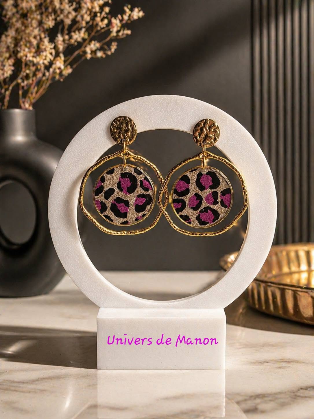 Boucles d’oreilles Léopard Noir & Rose