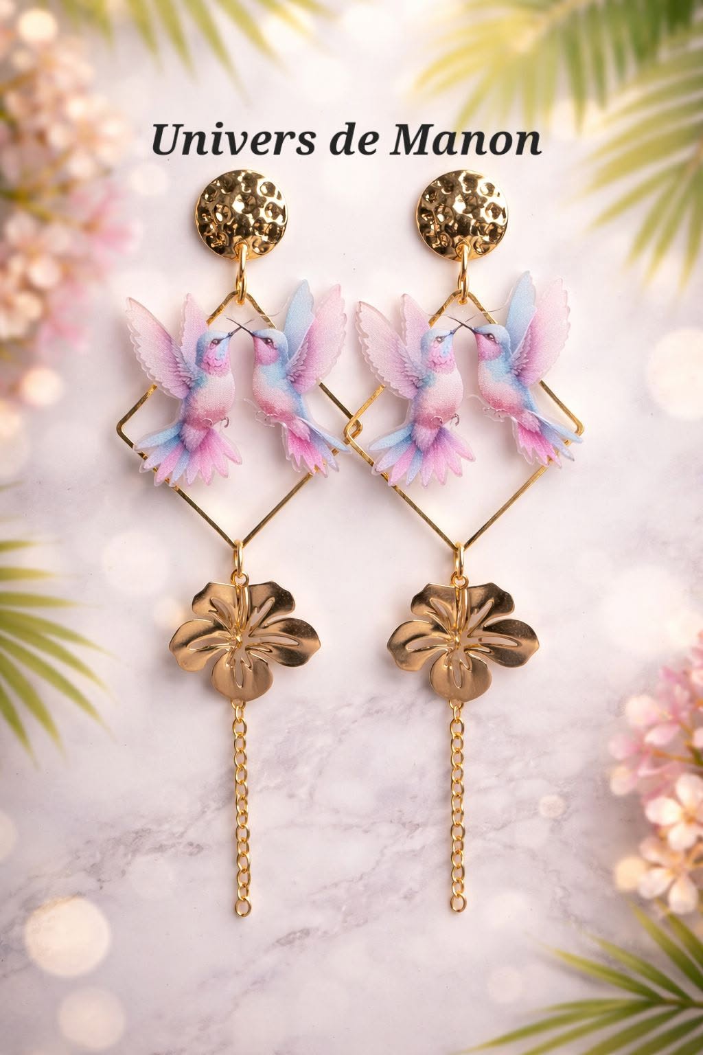Boucles d’oreilles Colibris & Fleurs Dorées