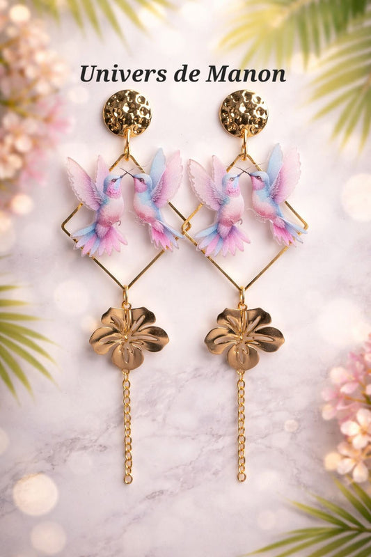 Boucles d’oreilles Colibris & Fleurs Dorées