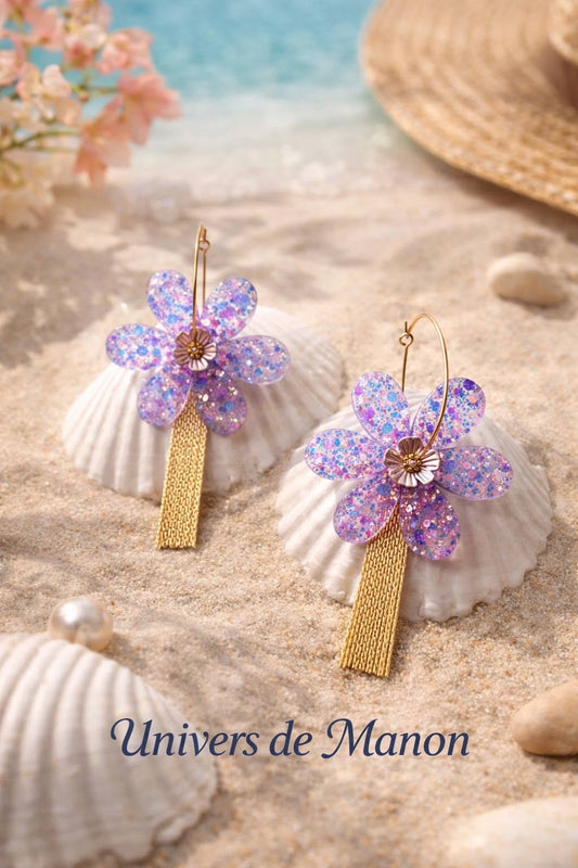 Boucles d’oreilles Fleurs Lavande & Pampilles Dorée