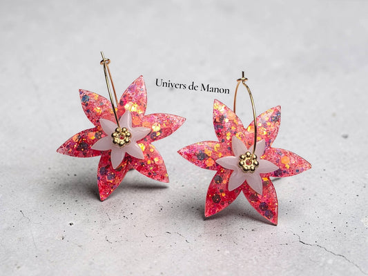 Boucles d’oreilles Fleurs Rose Fuchsia Scintillantes