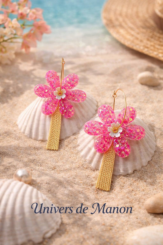 Boucles d’oreilles Fleur Rose Pailletée