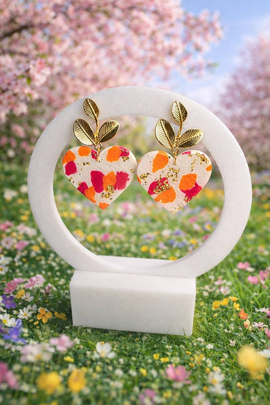 Boucles d’oreilles Cœurs Fleuri & Feuilles Dorées