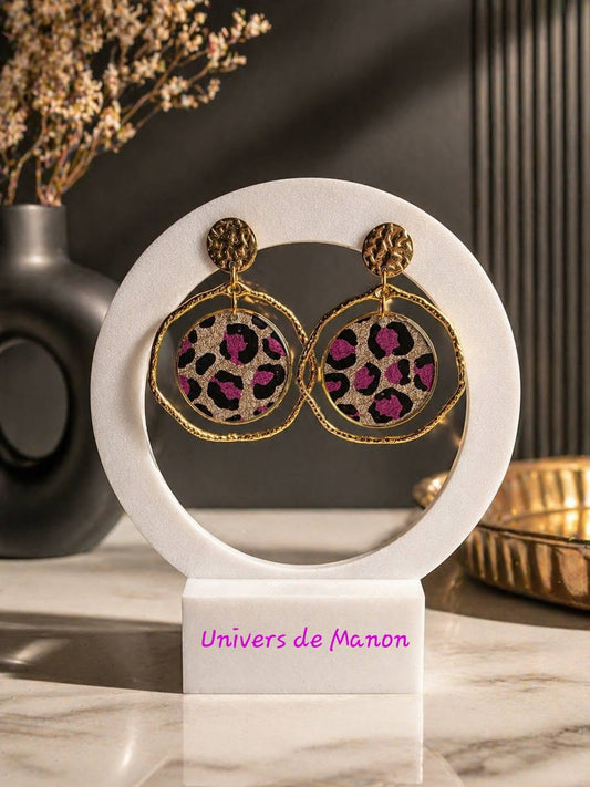 Boucles d’oreilles Léopard Noir & Rose