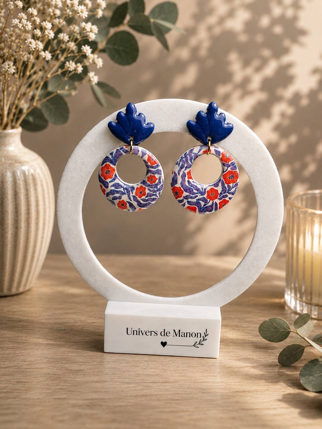Boucles d’oreilles Bleu & Fleurs Rouges