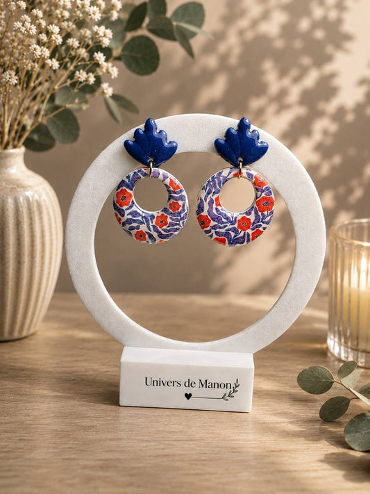 Boucles d’oreilles Bleu & Fleurs Rouges
