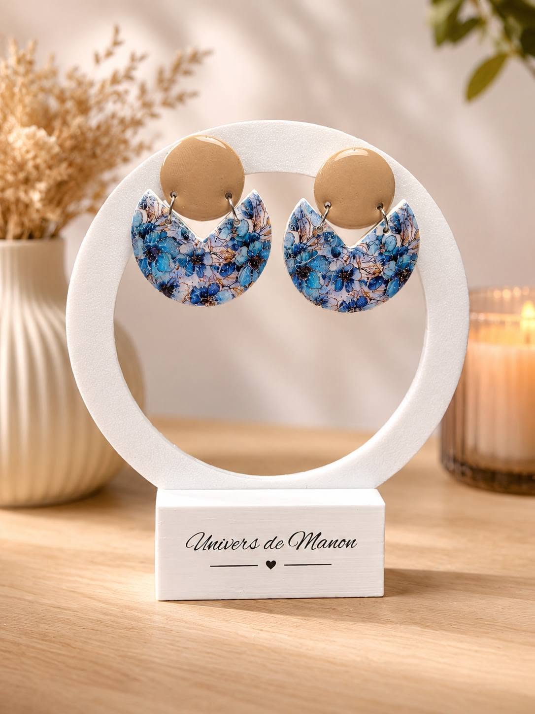 Boucles d’oreilles  Bleu Fleuri & Beige