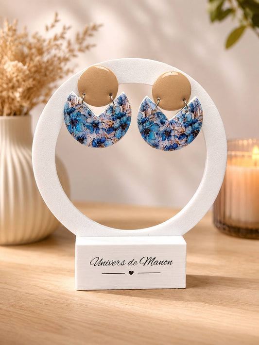Boucles d’oreilles  Bleu Fleuri & Beige