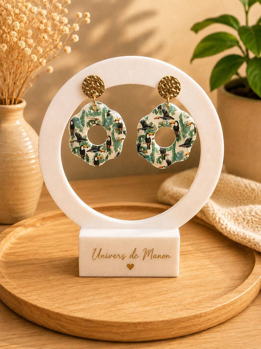 Boucles d’oreilles Toucans & Feuillage Tropical