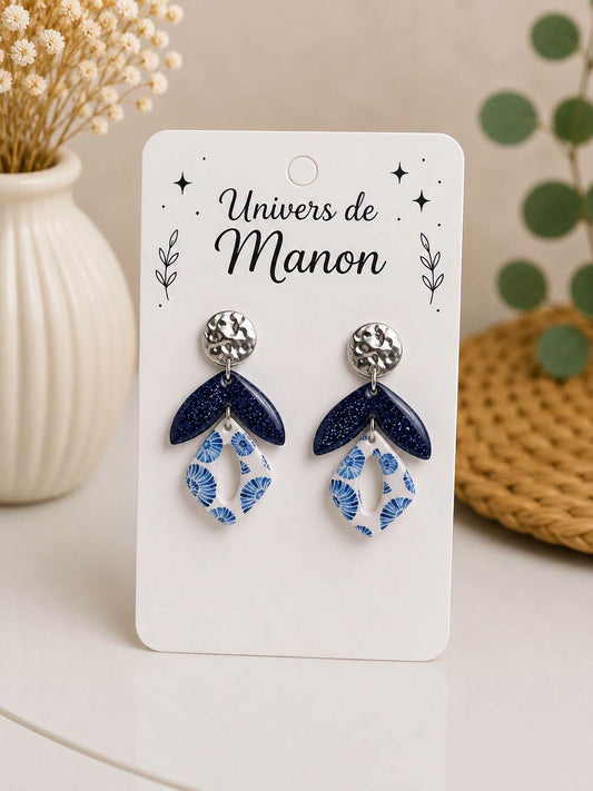 Boucles d’oreilles Coquillages Bleu Nuit & Blancs