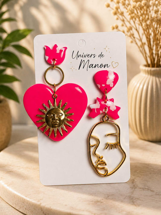 Boucles d’oreilles Cœur Soleil Fuchsia