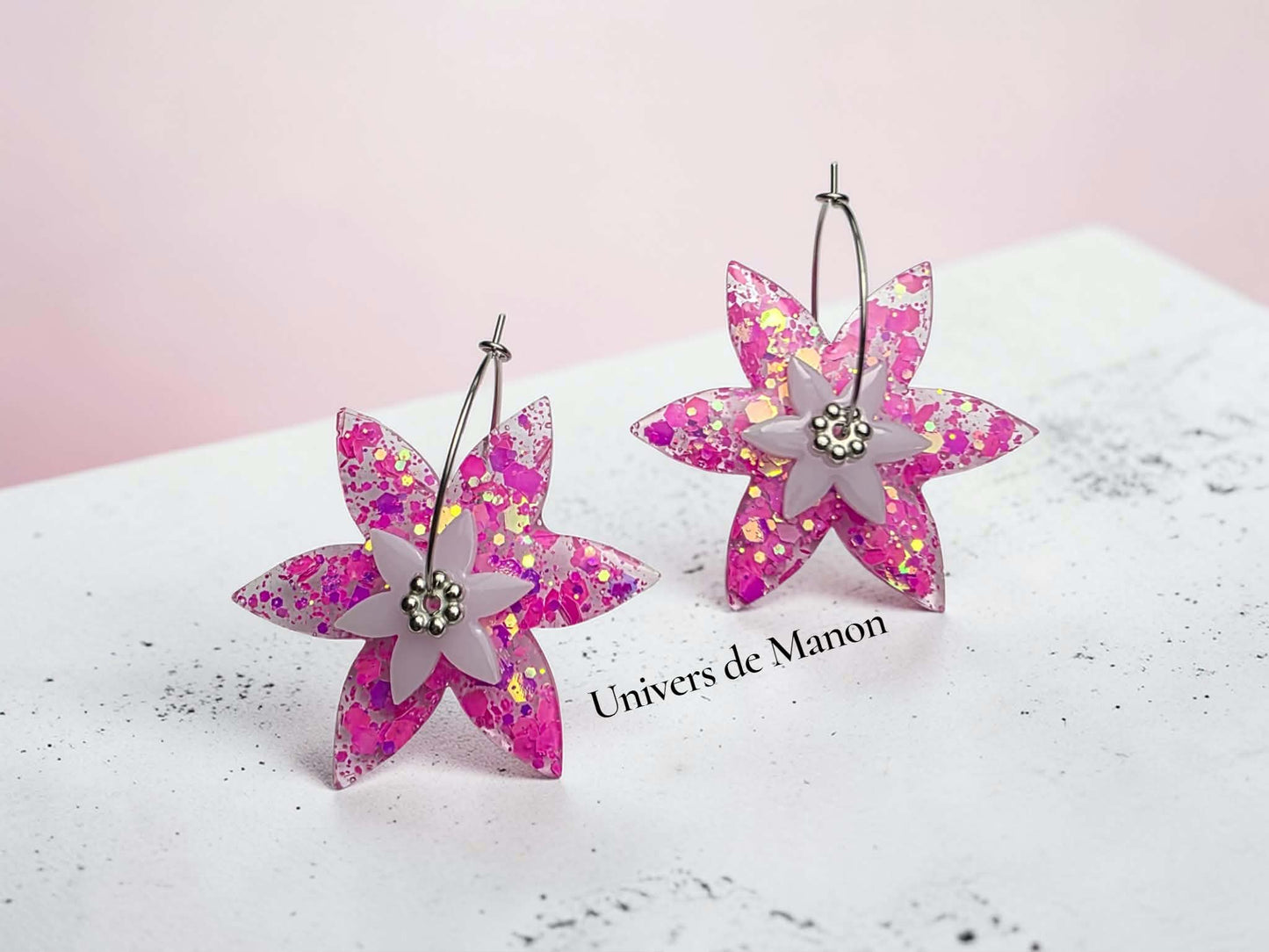 Boucles d’oreilles Fleurs Pailletées Rose